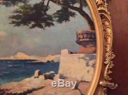 Oil On Panel Mediterranean Coast (italy) Wooden Frame And Golden Stucco