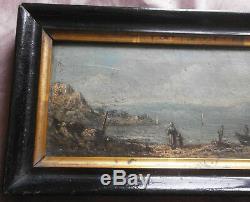 Oil On Panel Miniature Marine XIX Lake & Boats Signed Black Frame