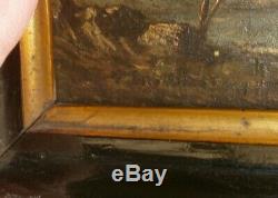 Oil On Panel Miniature Marine XIX Lake & Boats Signed Black Frame
