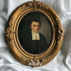 Oil On Panel Portrait Ecclesiastical 19 Eme Century Frame Wood Dore