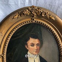 Oil On Panel Portrait Ecclesiastical 19 Eme Century Frame Wood Dore