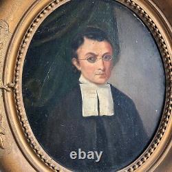 Oil On Panel Portrait Ecclesiastical 19 Eme Century Frame Wood Dore