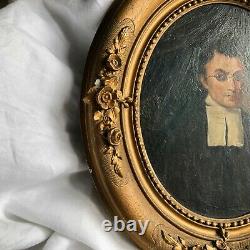 Oil On Panel Portrait Ecclesiastical 19 Eme Century Frame Wood Dore