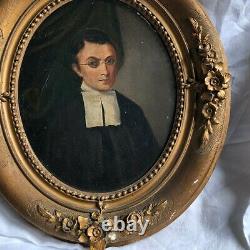 Oil On Panel Portrait Ecclesiastical 19 Eme Century Frame Wood Dore