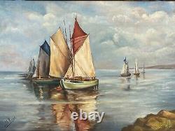 Oil On Panels Peche Boats By J Renot Natural Wood Frame M348