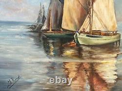Oil On Panels Peche Boats By J Renot Natural Wood Frame M348