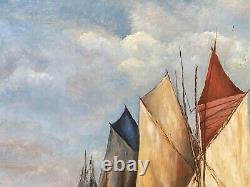 Oil On Panels Peche Boats By J Renot Natural Wood Frame M348