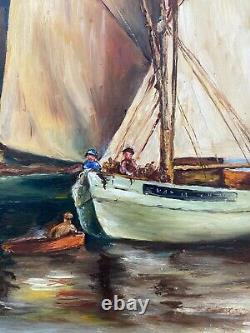 Oil On Panels Peche Boats By J Renot Natural Wood Frame M348