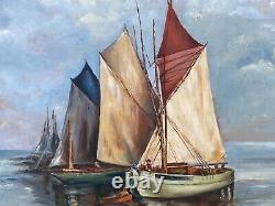 Oil On Panels Peche Boats By J Renot Natural Wood Frame M348