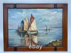Oil On Panels Peche Boats By J Renot Natural Wood Frame M348