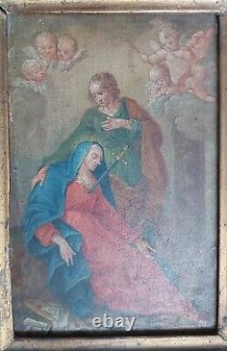 Oil On Pannel Religion 18th Ste Women Eped In Poitrin Angelots Croix