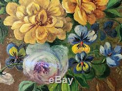 Oil On Paper Flower Bouquet Frame Oval Golden Wood Antique Painting Flower