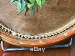 Oil On Paper Flower Bouquet Frame Oval Golden Wood Antique Painting Flower