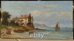 Oil On Sign, Signed A. Gins, Scene Of A Village By The Sea