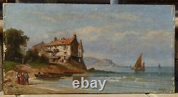 Oil On Sign, Signed A. Gins, Scene Of A Village By The Sea