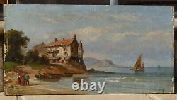 Oil On Sign, Signed A. Gins, Scene Of A Village By The Sea