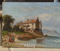 Oil On Sign, Signed A. Gins, Scene Of A Village By The Sea