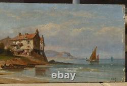 Oil On Sign, Signed A. Gins, Scene Of A Village By The Sea