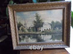 Oil On Toile Chateau Bord Du Lac Ecole Française End XIX Frame Bois Dore