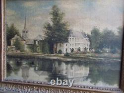 Oil On Toile Chateau Bord Du Lac Ecole Française End XIX Frame Bois Dore