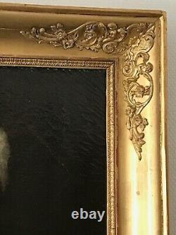 Oil On Toile Portrait Of Man, Cadre In Gilded Wood Cherubins Empire 19th