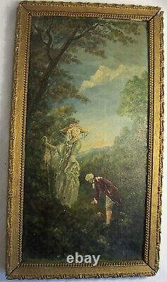 Oil On Tole Table Xixème La Petite Galante Signed Am Frame Gilded Wood