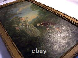 Oil On Tole Table Xixème La Petite Galante Signed Am Frame Gilded Wood