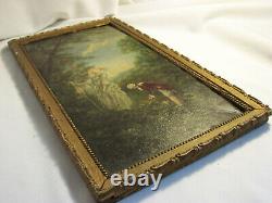 Oil On Tole Table Xixème La Petite Galante Signed Am Frame Gilded Wood