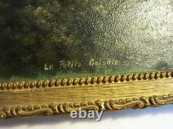 Oil On Tole Table Xixème La Petite Galante Signed Am Frame Gilded Wood