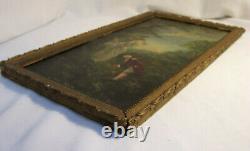 Oil On Tole Table Xixème La Petite Galante Signed Am Frame Gilded Wood