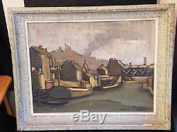 Oil On Wood Barges Bridge Signed Kervarec Lambert