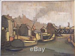 Oil On Wood Barges Bridge Signed Kervarec Lambert