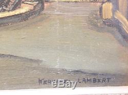 Oil On Wood Barges Bridge Signed Kervarec Lambert