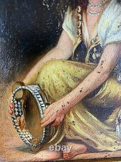 Oil On Wood Orientalist The Young Woman With The 19th-century Tambourine