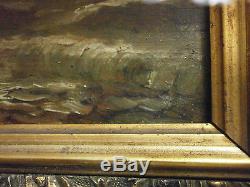 Oil On Wood Panel Late Nineteenth Marine & Cloudy Frame Damaged