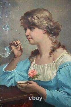 Oil On Wood, Portrait, Young Girl With Soap Bubbles And Rose, Signed