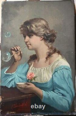 Oil On Wood, Portrait, Young Girl With Soap Bubbles And Rose, Signed