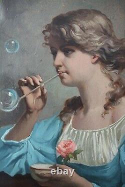 Oil On Wood, Portrait, Young Girl With Soap Bubbles And Rose, Signed