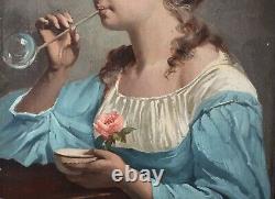 Oil On Wood, Portrait, Young Girl With Soap Bubbles And Rose, Signed