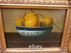 Oil On Wood, Signed Still Life, Fruit Cutting 19th