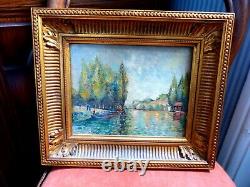 Oil On Wood Table Signed Monogram R. Or M. D. Animated Landscape River Hsp