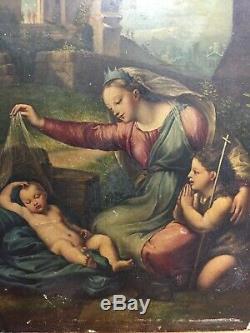 Oil On Wood Xixth Italian School Child Jesus, Mary And John The Baptist