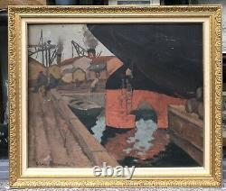 Oil Painting Hélène Baccouche Port Algiers Boats Cranes XX Art Deco 1930