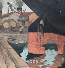 Oil Painting Hélène Baccouche Port Algiers Boats Cranes XX Art Deco 1930