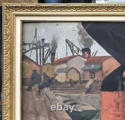 Oil Painting Hélène Baccouche Port Algiers Boats Cranes XX Art Deco 1930