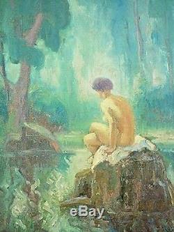 Oil Painting On Canvas Naked Naked Woman And Swimming On Sous Bois Signed