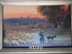 Oil Painting On Wood 18th Shepherd Landscape With Framed Sheep