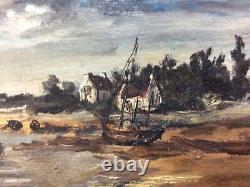 Oil Painting On Wood Marine Brittany Eugène Jacquet. End XIX