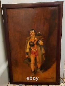 Oil Painting On Wood Panel Weightlifter/ Clown Louis-charles Taconet 19th