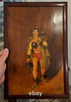 Oil Painting On Wood Panel Weightlifter/ Clown Louis-charles Taconet 19th
